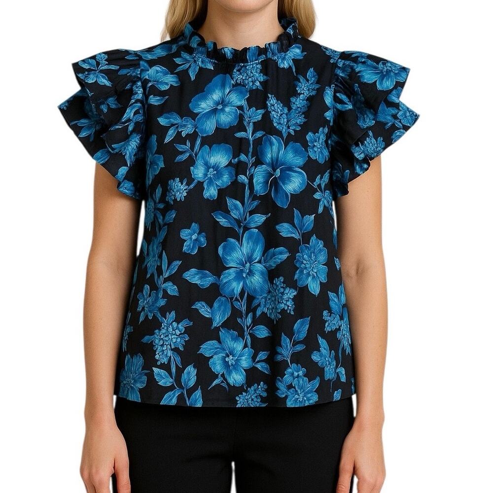 BANJANAN Floral Ruffle Cotton Top in Wooden Hedgerow Black